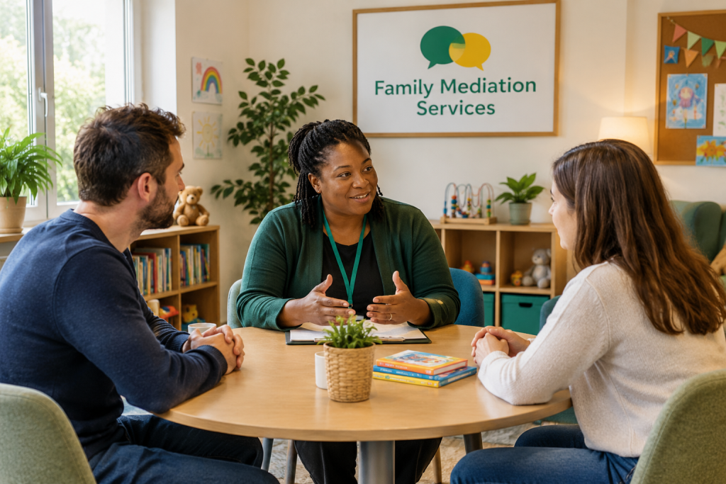 welcoming child-friendly mediation services. A Black female child-contact professional sits at a round table with two parents, calmly facilitating a supportive discussion. children's books, toys and children's artwork