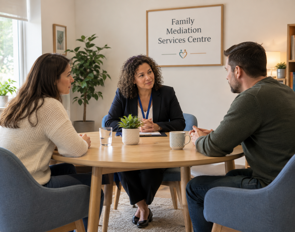 a modern and welcoming mediation room with a table and both parent sitted opposite each other and the supervisor sitted with them.